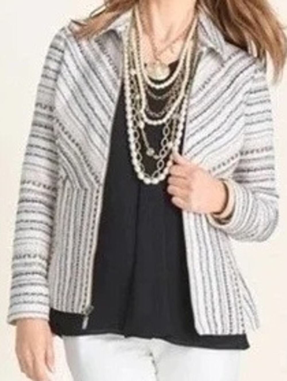 Chico's Striped Front Zip Tweed Blazer Jacket Size 1  8/10
